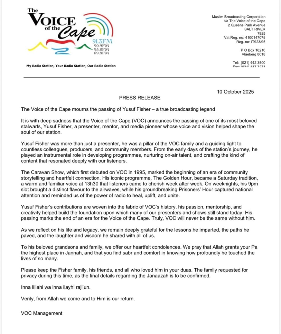 Postponed Voice of the Cape Live Broadcast 